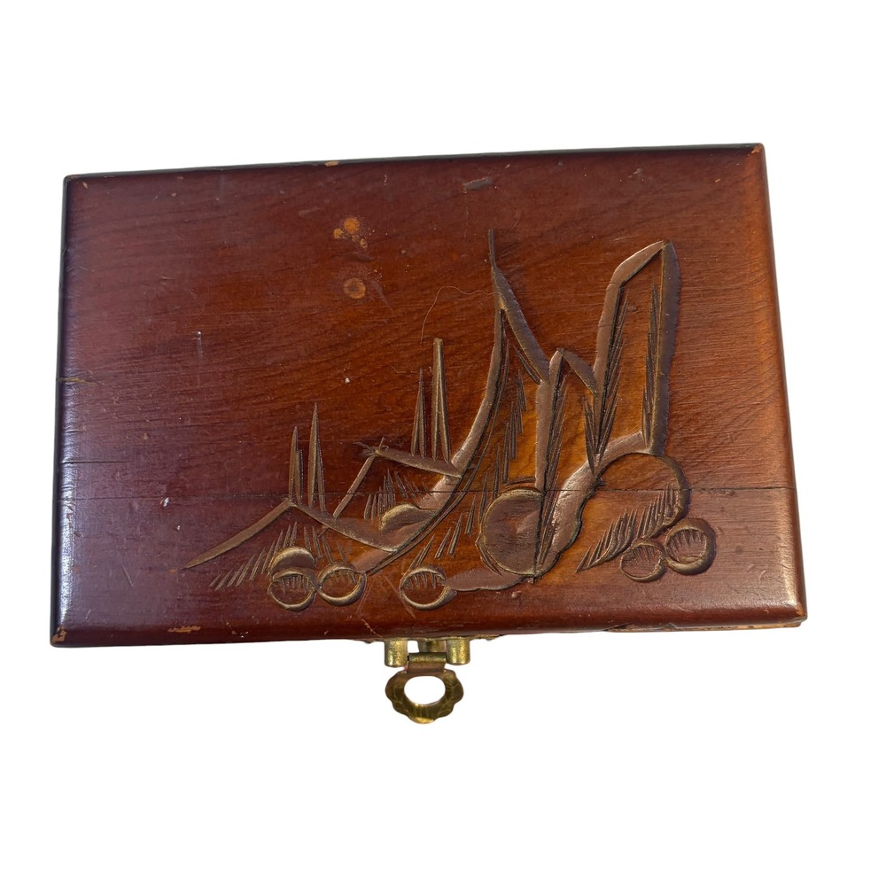 Hand Carved Wooden Jewelry Box Red Velvet Lining Mirrored Lid Landscape VTG